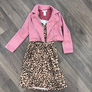 Girls Love to Be Loved Leopard print dress set with Pink Suede Moto Jacket sz 10